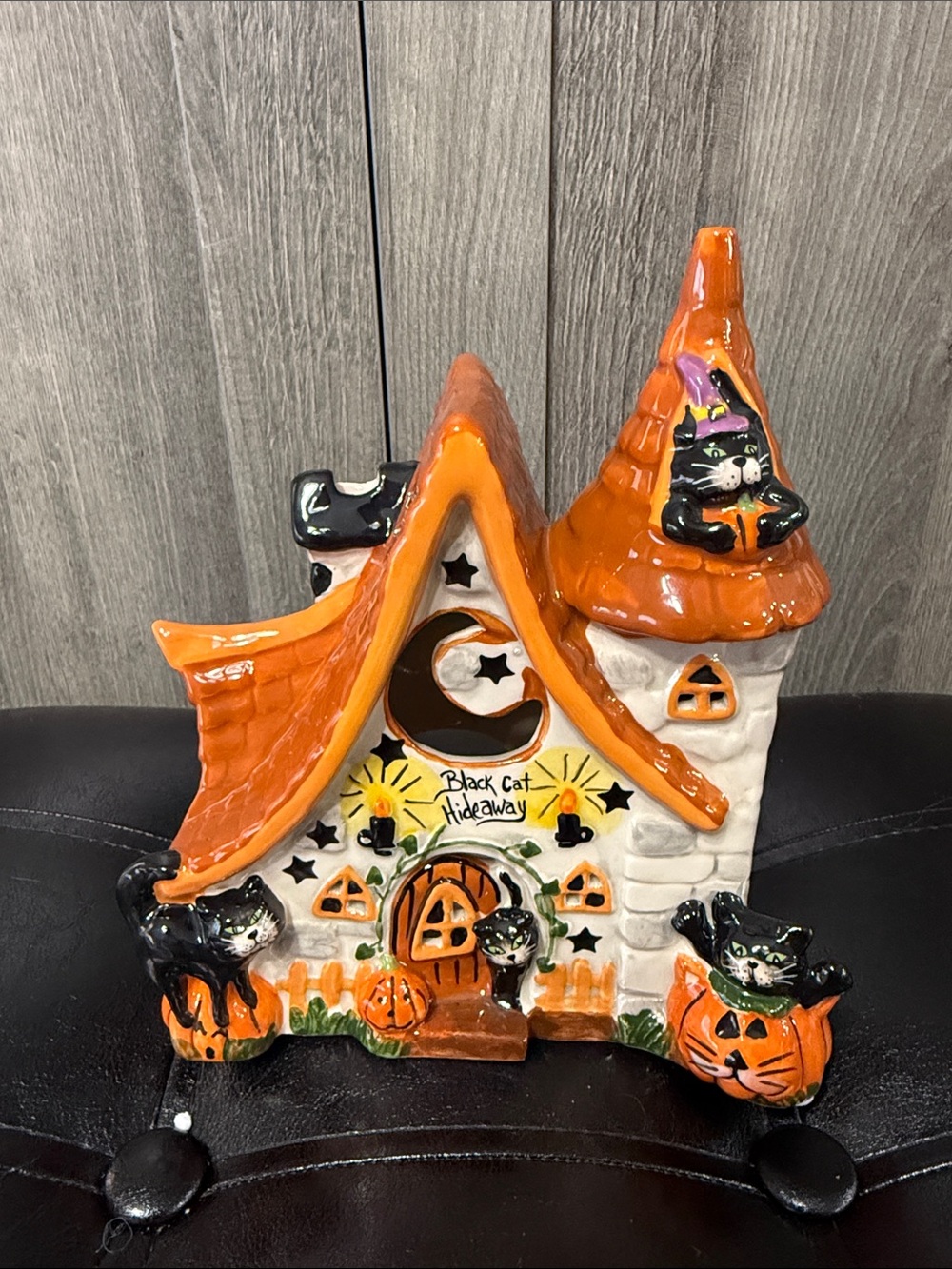 Blue Sky Clayworks Halloween Black Cat Hideaway Tea Light Candle House Goldminc